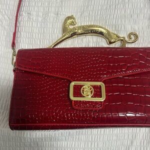 Elegant Red Croc-Embossed Handbag with Gold Accents
